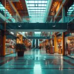 Corredor de shopping center com lojas iluminadas