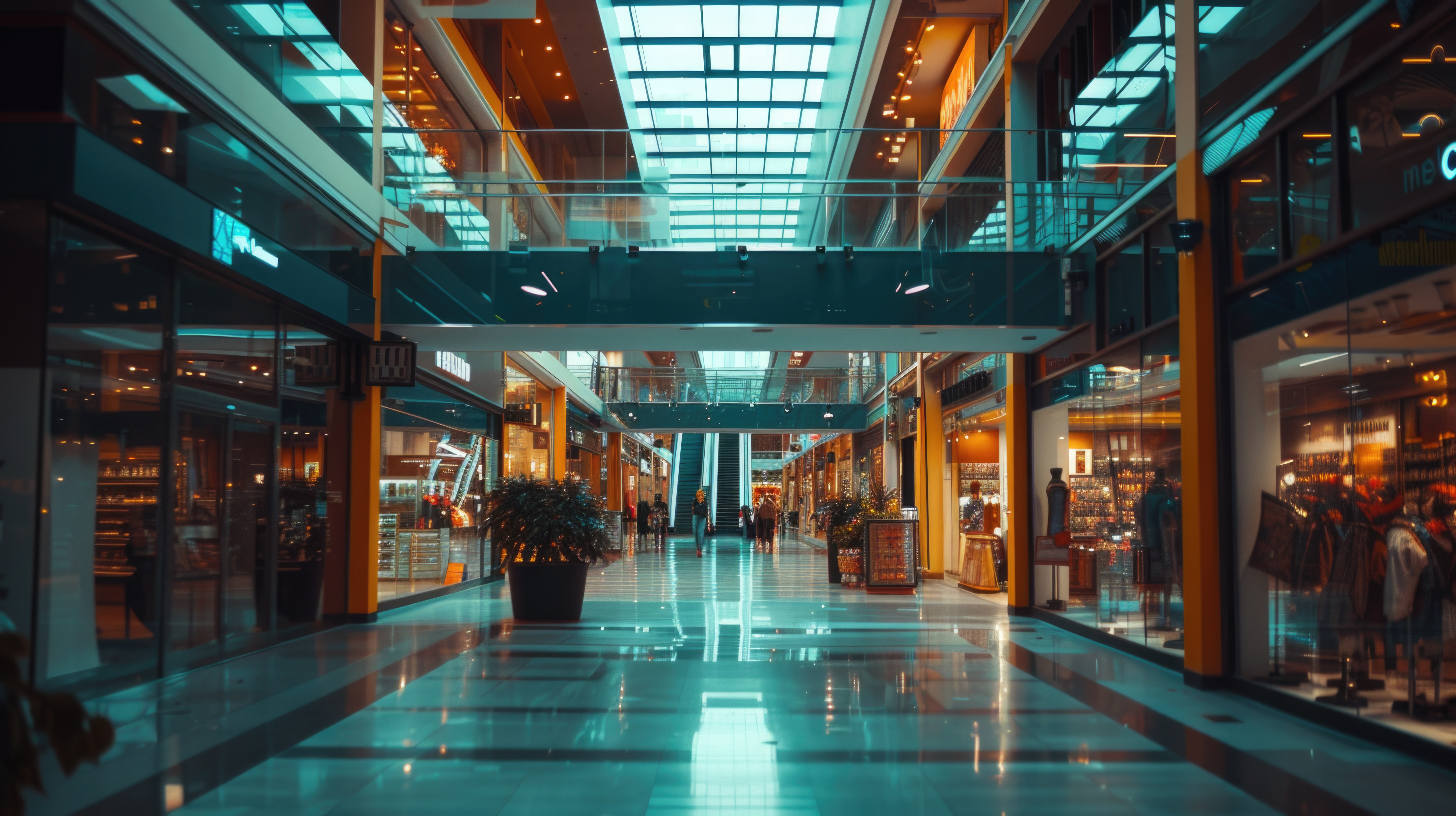 Corredor de shopping center com lojas iluminadas